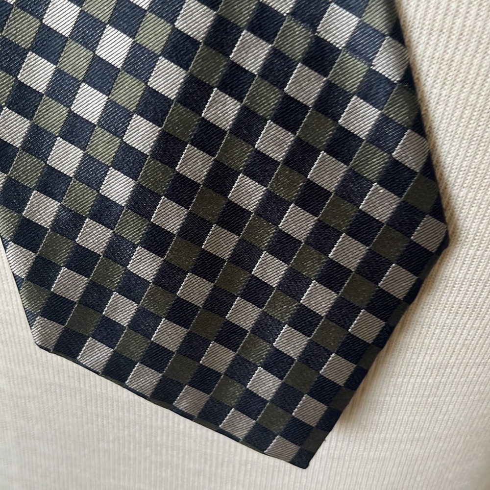 J. Crew Necktie Silk Black and Shimmery Tan & Hunter Green Checkered Pattern